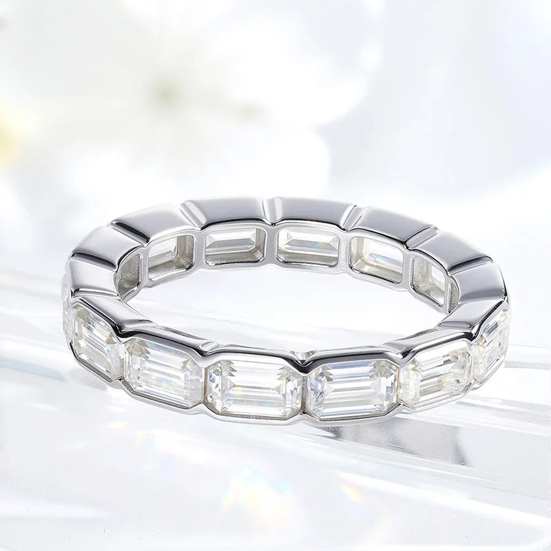 D Vvs1 3*5mm Emerald Cut Moissanite Rings for Women Full Eternity Bands Wedding Bridal Jewelry Pure S925 Silver Gift