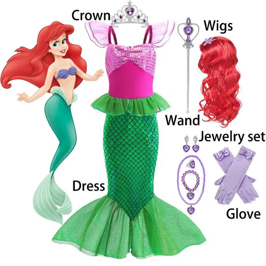 Little Mermaid Ariel Princess Girl Dress Up Charm Costume Kids Birthday Party Disguise Luxury Fishtail Clothes Wigs Sets