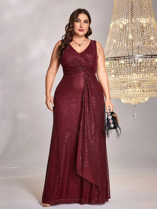 Plus Size Luxury Floor Length V-Neck Evening Dress Elegant Party Women 2025 Sequins Formal Prom Cocktail Graduation Gowns