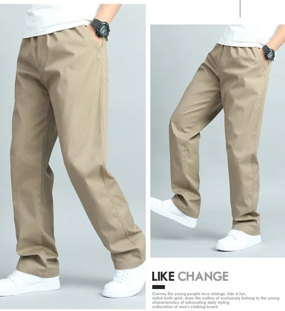 Men's 100% Cotton Cargo Pants Business Relaxed Fit Long Trousers Men Elastic Waist Drawstring Sweatpants Autumn Men Jogger Pants