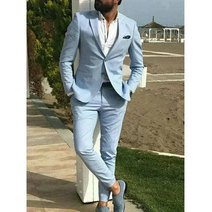 Ternos Masculinos Azul-Celeste2 Peças Traje Homme Verão Praia Lapela Padrinhos Ternos Cor Sólida Masculino Casamento Formatura Ternos Jaqueta+Calça