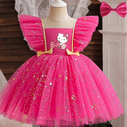 Princess Dress for Girls Sequined Star Ruffle Bow Tutu Gown Baby Formal Gala Prom Gown Kids Evening Party Costume