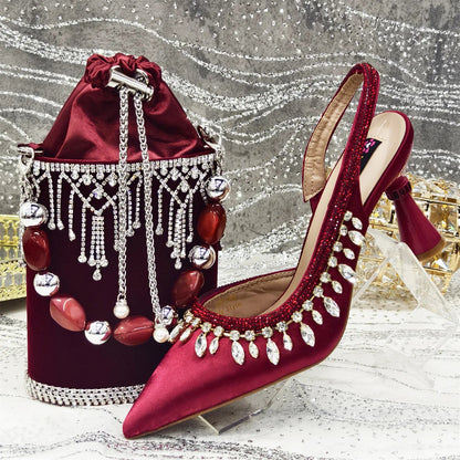 Pointed-Toe High Women Heels Shoes and Bags for Women Rhinestone Evening Party Elegant Luxury Handbag