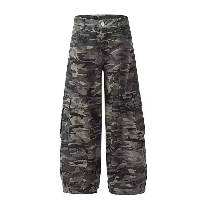 Retro Baggy Knife Edge Camouflage Denim Work Trousers