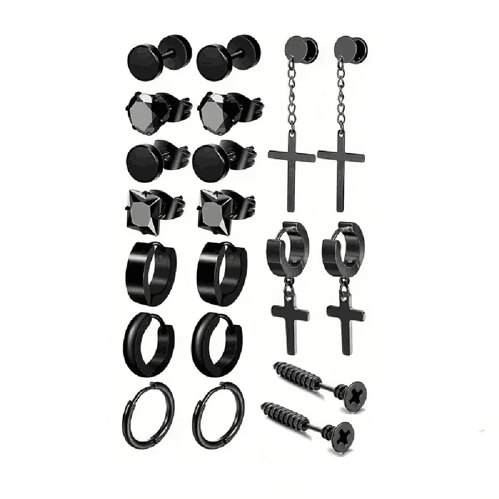 Simple Stainless Steel Zircon Stud Earrings For Men, Cross Pendant Hoop Earrings For Daily Wear