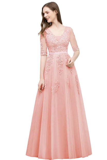 Elegant Half Sleeve Evening Dresses Lace Appliques A-Line Long Tulle Strap V-Neck Sheer Backless Prom Dress Empire Party Gowns