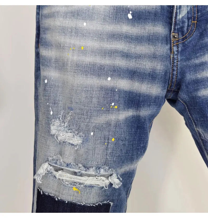 Street Fashion Men Jeans Retro Blue High Quality Elastic Skinny Fit Ripped Jeans Men Patched Designer Hip Hop Brand Pants Hombre