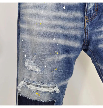 Street Fashion Men Jeans Retro Blue High Quality Elastic Skinny Fit Ripped Jeans Men Patched Designer Hip Hop Brand Pants Hombre