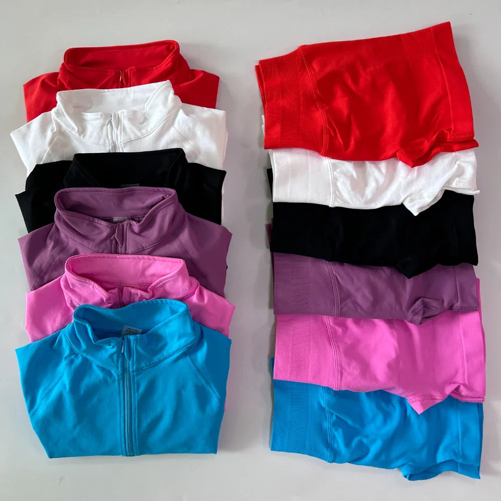 No Logo 2pcs Long Sleeve Yoga Set Women Half Zippy Jacket Longline Sports Top Gym Shorts Fitness Suits Running Coats Workout Set