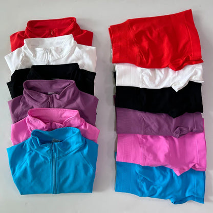 No Logo 2pcs Long Sleeve Yoga Set Women Half Zippy Jacket Longline Sports Top Gym Shorts Fitness Suits Running Coats Workout Set