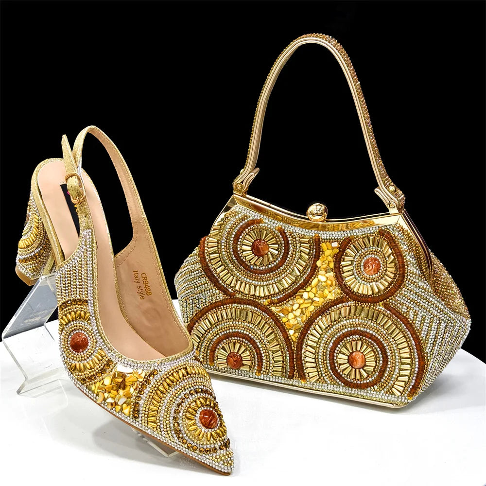 2025 Moda Mais Recente Chegada Laranja Ponta Fina Sandálias Femininas Sapatos com Bolsa Conjunto para Senhoras Festa de Casamento Salto