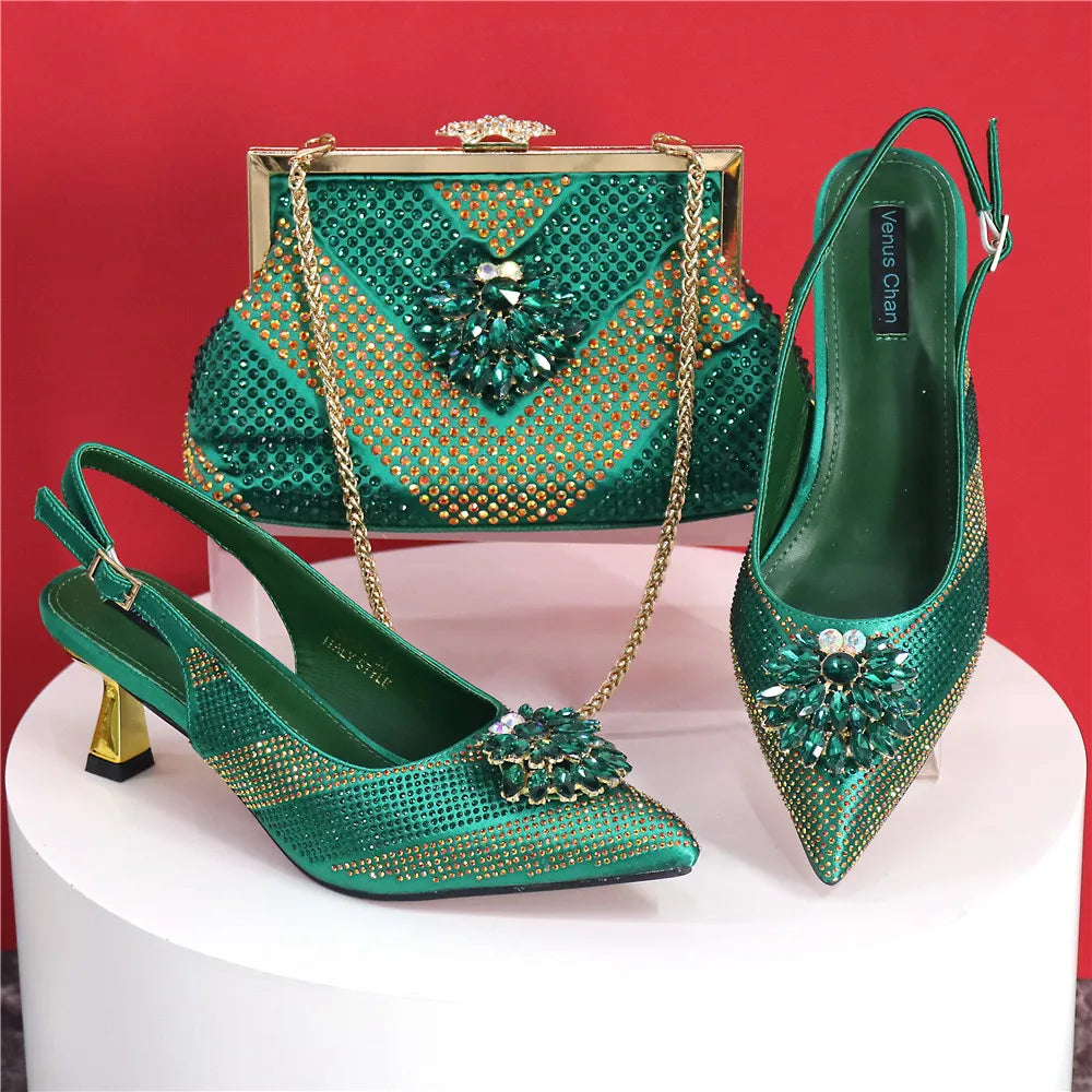 Italian Design Rhinestone Luxury Green Colour Pointed Toe Shoe & Bag Set Women's High Heels for Parties High Quality