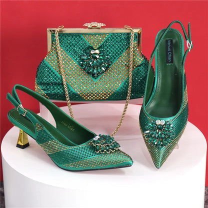 Italian Design Rhinestone Luxury Green Colour Pointed Toe Shoe & Bag Set Women's High Heels for Parties High Quality