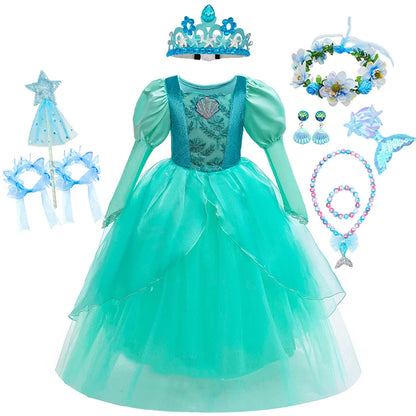 Kids Mermaid Dress Halloween Long Sleeve Princess Costume Children Luxury Fluffy Tulle Frocks Child Mermaid Birthday Party Gown