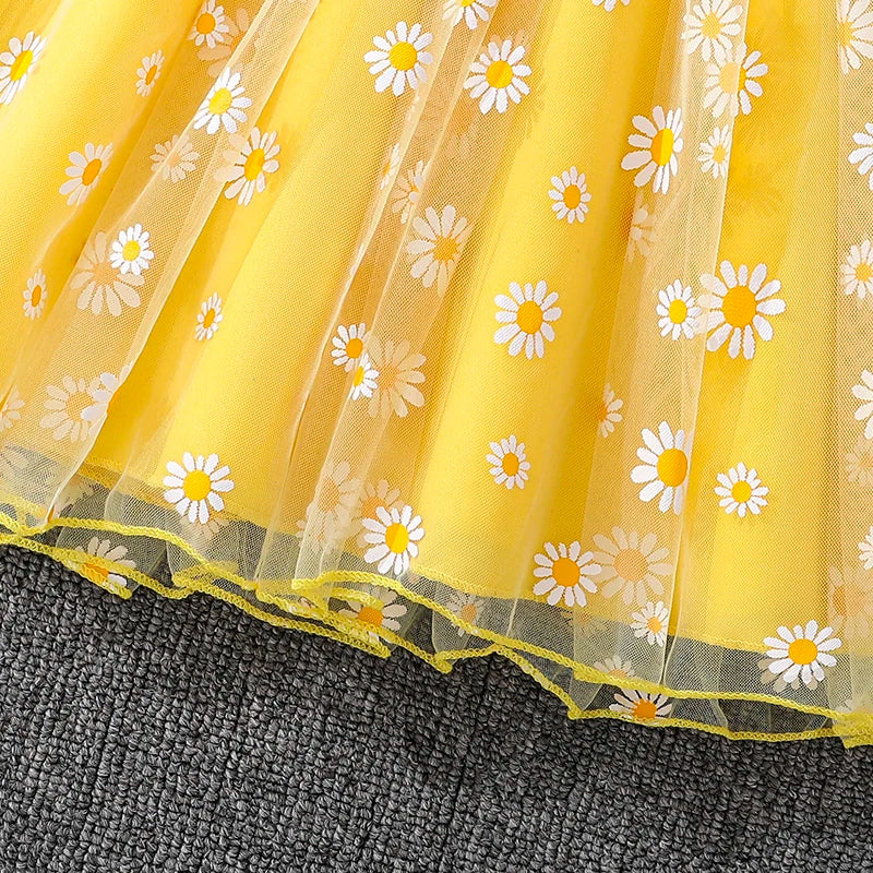 Girls 4-7 Yellow Summer Casual Dress, Front Ruffled Sleeve Design with Bow & Daisy Print Tulle Skirt, Daily Kids Outfit