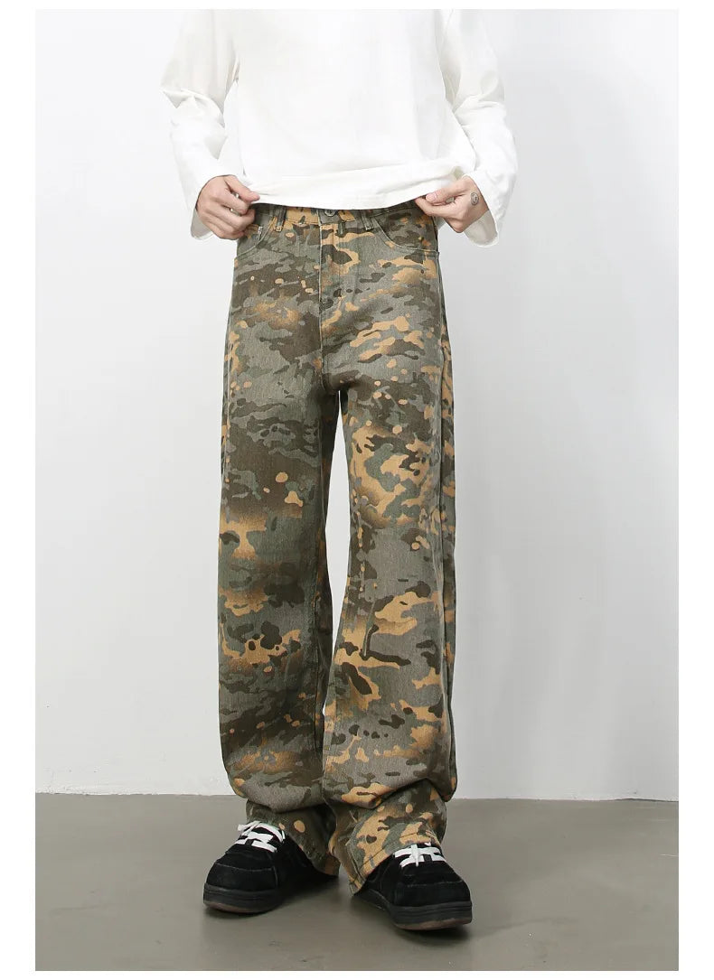 Tide Camouflage Jeans Men's Ins Loose Straight Wide Leg Casual Denim Pants Loose Male Trousers 12C2036