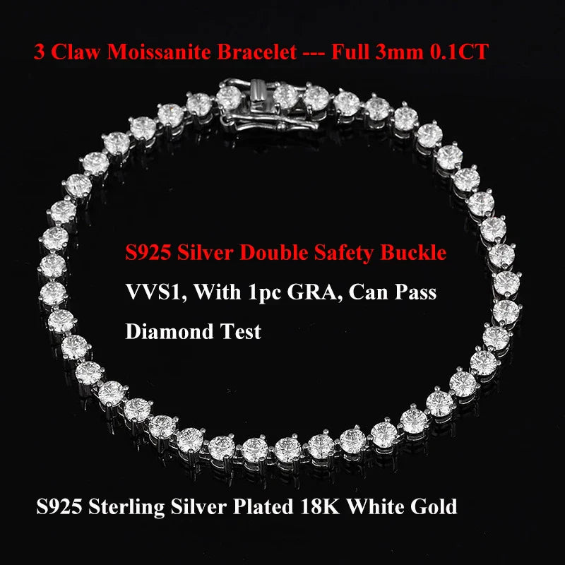 3 Prong 2.5mm 3mm Full D Color Moissanite Diamond Tennis Bracelet for Women 925 Silver Link Chain Spring Buckle Bracelets