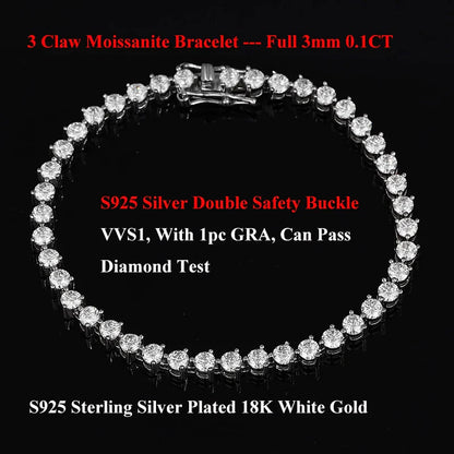 3 Claw 2.5/3mm Full D Color Moissanite Diamond Tennis Bracelet Hidden Buckle for Women Man 925 Silver Link Chain Bracelets
