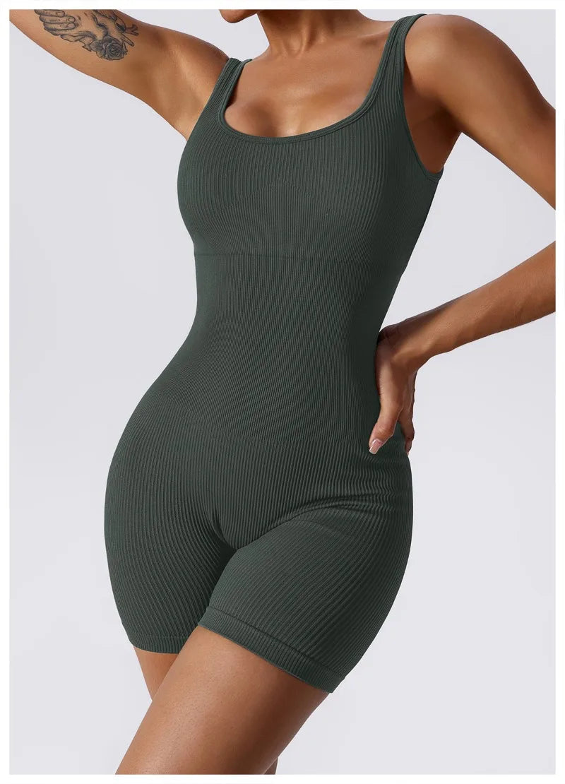 Women's Yoga Rompers One Piece Tummy Control Seamless Ribbed Jumpsuit Padded Sports Bra Workout Romper Fashion Fitness Sportwear