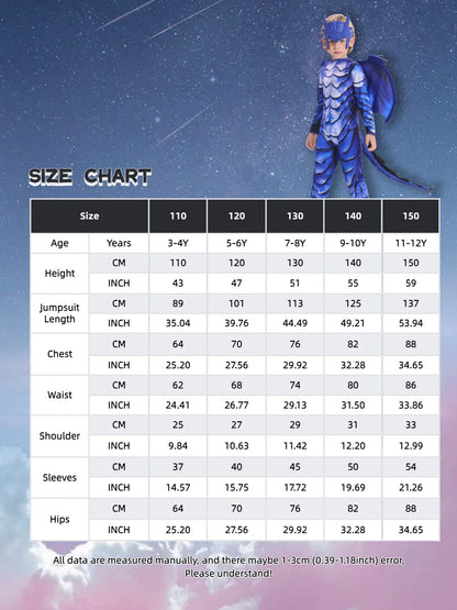 The Frost Blue Dragon Knight Jumpsuit for Kids, Halloween Carnival Theme Party Costume with Wing Tail Mask