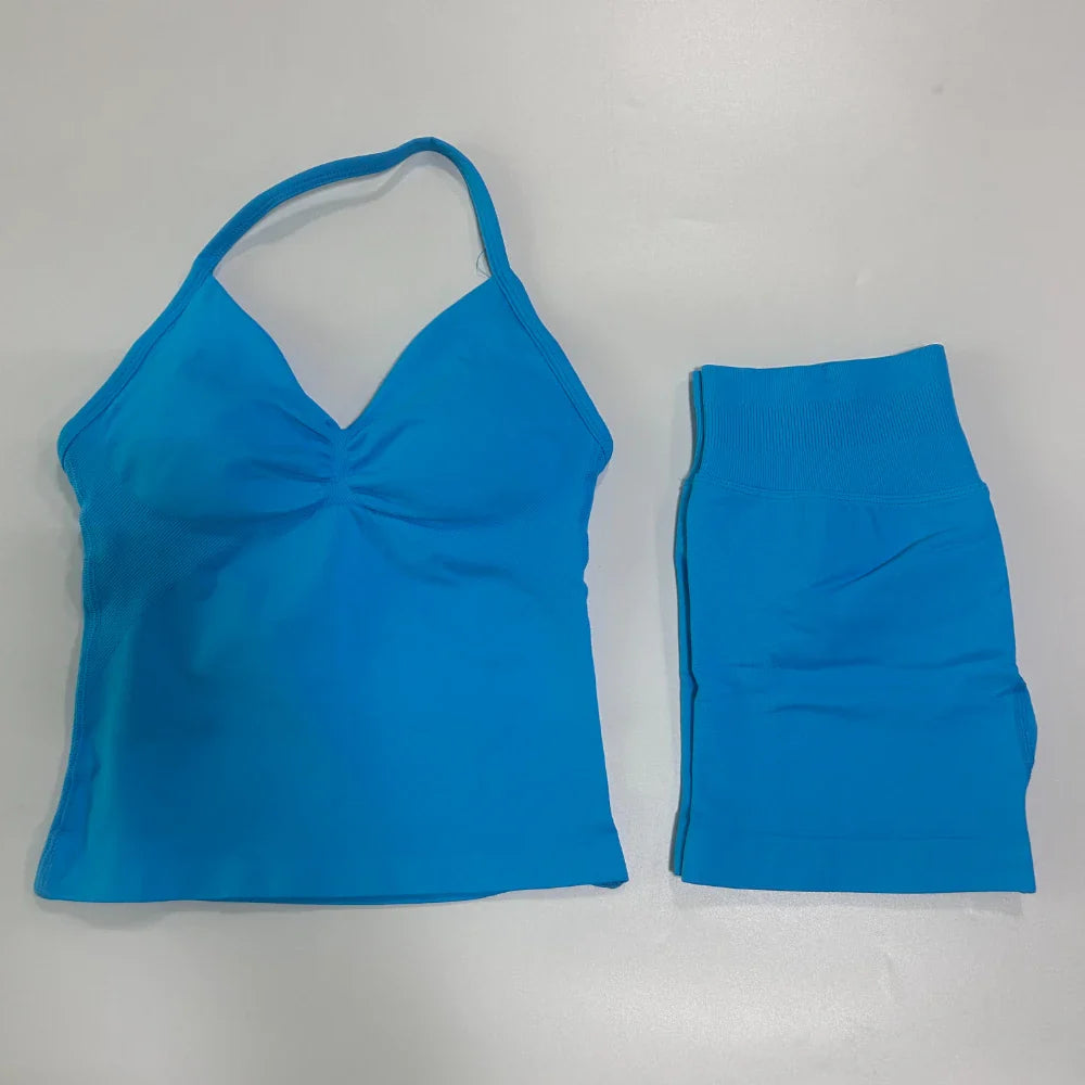 No Logo 2 Pieces Sports Set Workout Clothes Shorts Sets Gym Strappy Top Scrunch Shorts Yoga Clothing Gym Set
