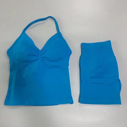 No Logo 2 Pieces Sports Set Workout Clothes Shorts Sets Gym Strappy Top Scrunch Shorts Yoga Clothing Gym Set