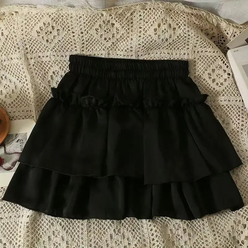 Pleated A-Line Skirt Women White Ruffle Sweet Tierred Pretty Style Skirt Elastic Waist Summer Slim Basic Korean Harajuku Dress