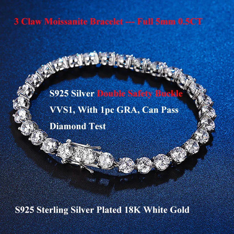 3 Claw 2.5/3mm Full D Color Moissanite Diamond Tennis Bracelet Hidden Buckle for Women Man 925 Silver Link Chain Bracelets