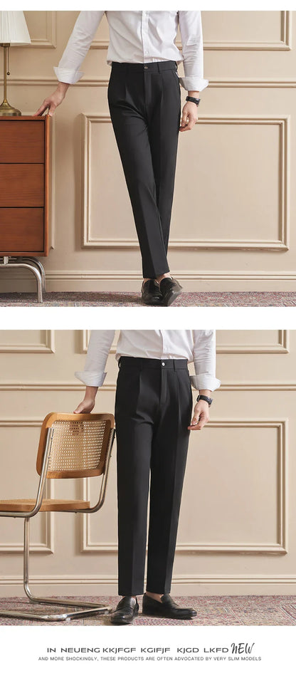 High Quality Men's Business Casual Slim-Fitting Suit Pants, Classic Solid Color Straight Work Trousers