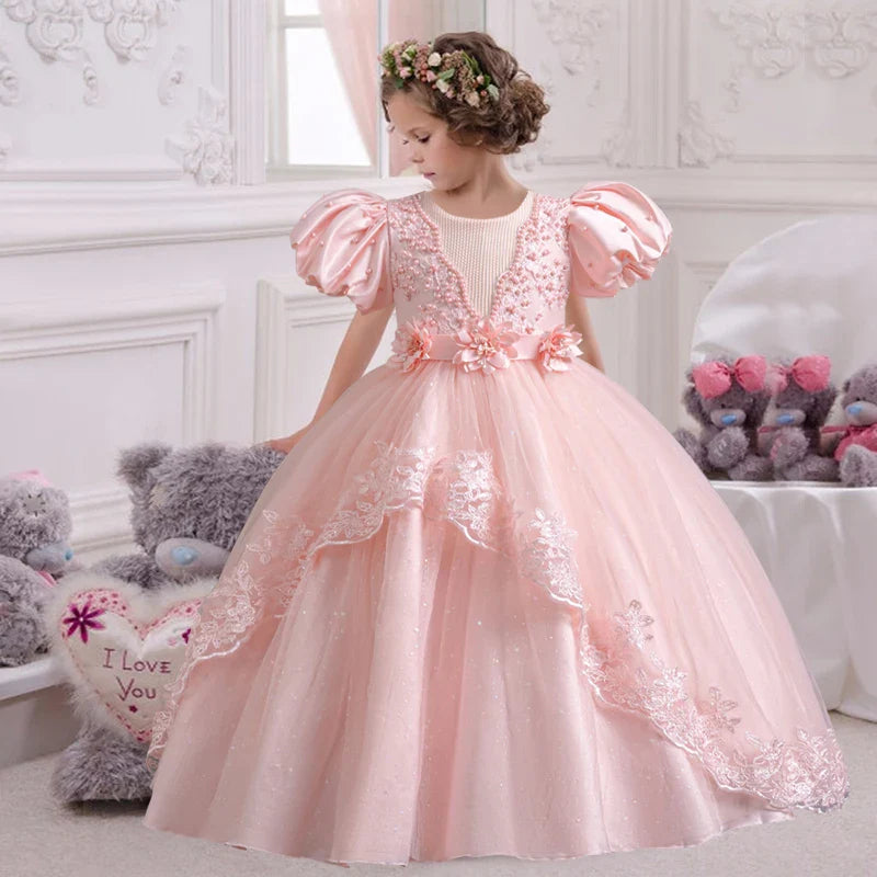Girl's Pearl Bubble Sleeves Princess Dress 4-12 Years Old Fashionable Flower Lace Satin Dress Birthday Wedding Flower Girl Dress