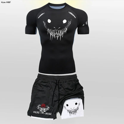 Funny Face 2 in 1 Shorts T Shirt Suits Men's Fitness Breathable Second Skin Compression Shirts Sets Gym Double Deck Shorts