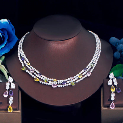Shiny Colorful Cubic Zirconia 3 Rows Multi Layer Bridal Wedding Choker Necklace Earrings Jewelry Set for Women TZ784