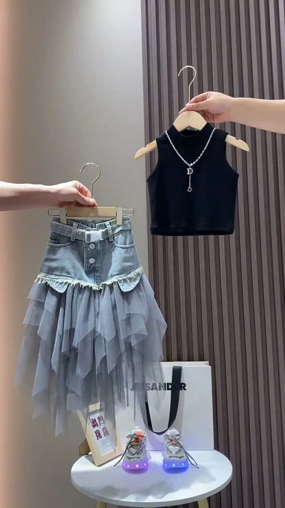 Girls' Summer New Set 2025 Korean Version Baby Girl Tank Top Mesh Splicing Cowboy Skirt Set kids jacket