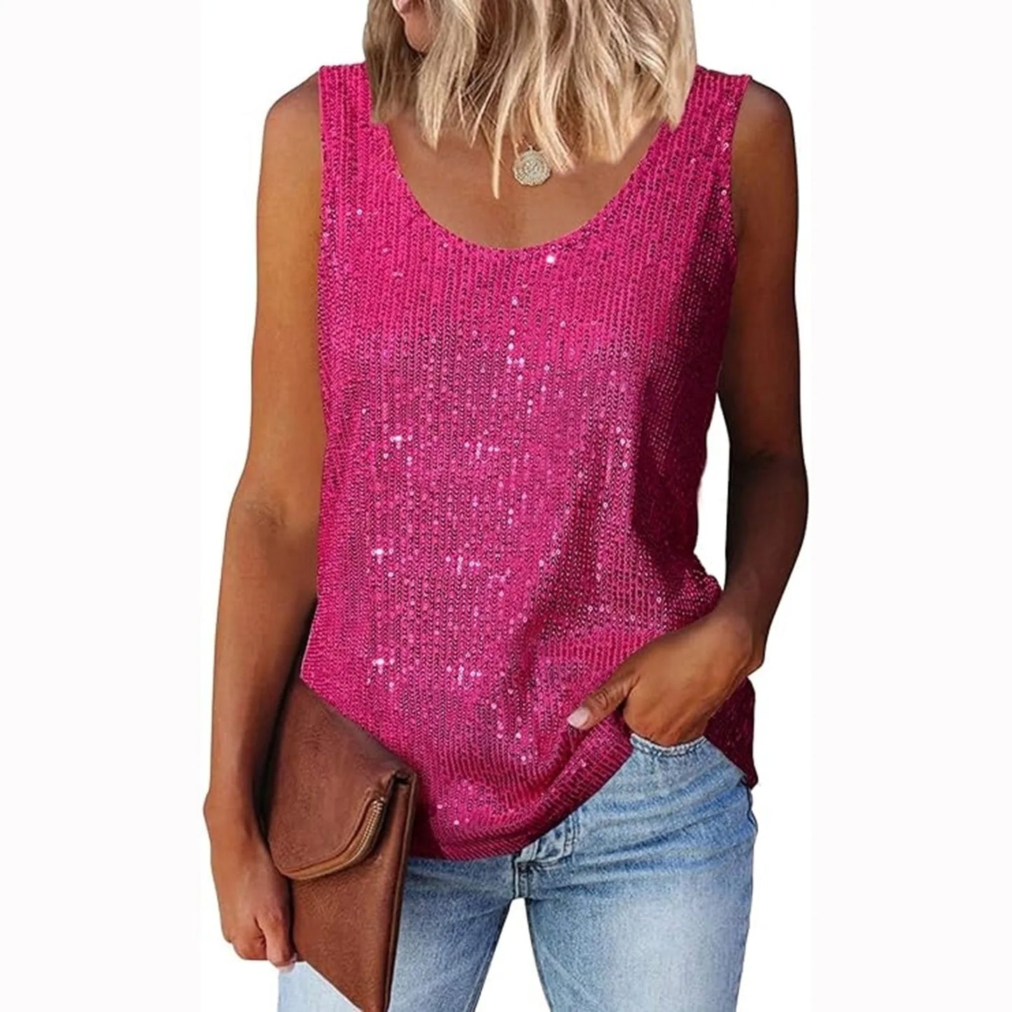 Ladies' Sequin Loose U-Neck Sleeveless Glitter Tops Fashion Solid Color Tank Tops For Daily Wear Performance Costume