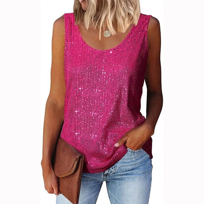 Ladies' Sequin Loose U-Neck Sleeveless Glitter Tops Fashion Solid Color Tank Tops For Daily Wear Performance Costume