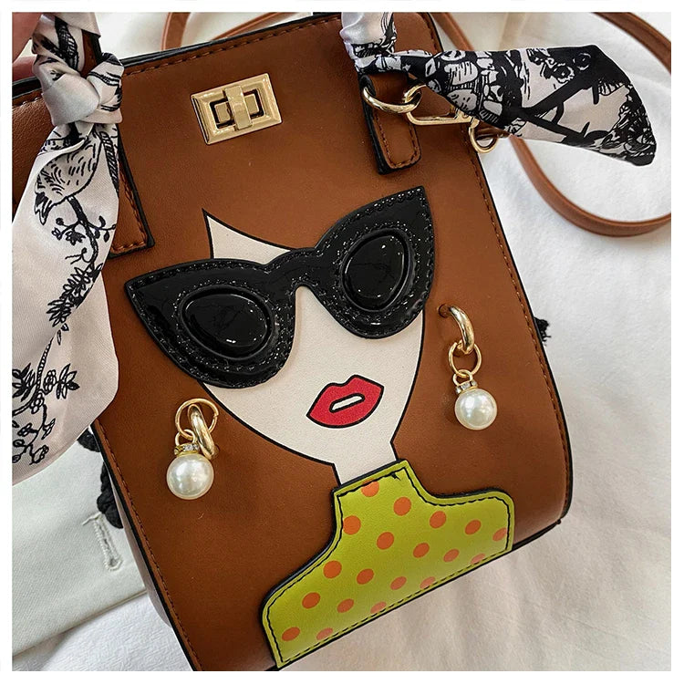 Cartoon Girl Handbag High Quality PU Leather Shoulder Bag for Women Pearl Crossbody Bag Designer Messenger Bag Female Satchel