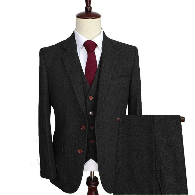 Men Suit 3 Pieces Army Green Tweed Formal Lapel Notch Regular Wedding Groom Banquet Work Tuxedos Set Jacket Vest With Pants