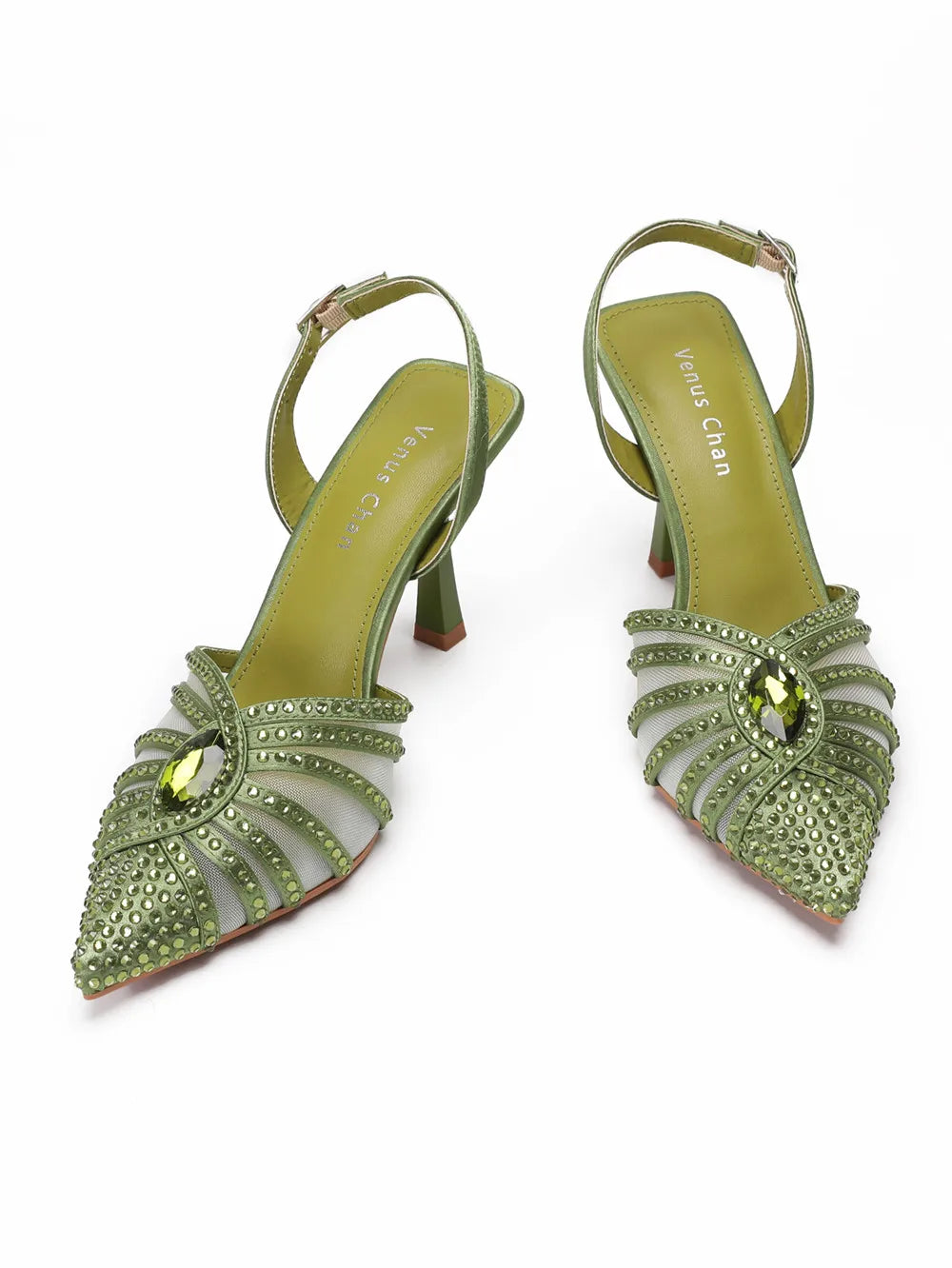 Elegant Fruit Green Women's Heels and Rhinestone Handbag Set - Italian Design for Weddings and Parties