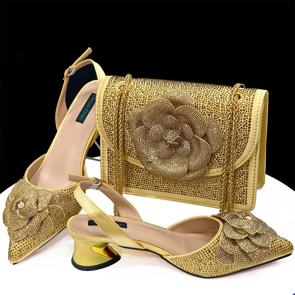 Fashion Ladies Evening Shoes And Bags Paired With Handmade Petal Wine Color Pointed Toe Mid-Heel Nigerian Women Party Shoes