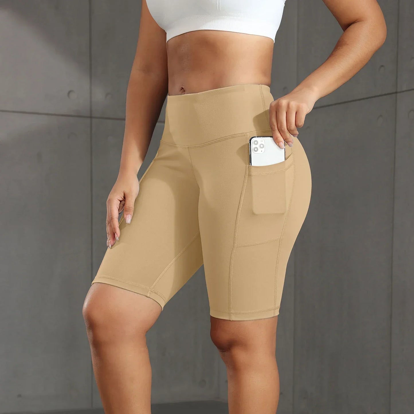 Women Solid Yoga Shorts with 3 Pockets High Waist Butt Lifting Workout Tights Gym Elastic Cycling Shorts Activewear