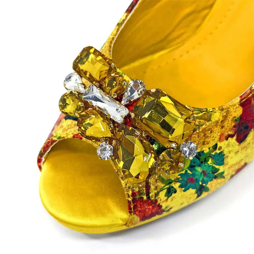 Elegant Women Heels for Peep Toe Good Material Design Rhinestone Yellow Sandals Italian Shoes and Bags Matching Set 2024