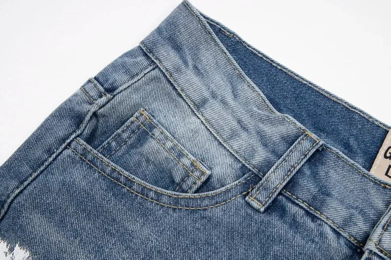 American retro washed letter spliced denim trousers high street trendy brand couple loose straight micro-flared long trousers
