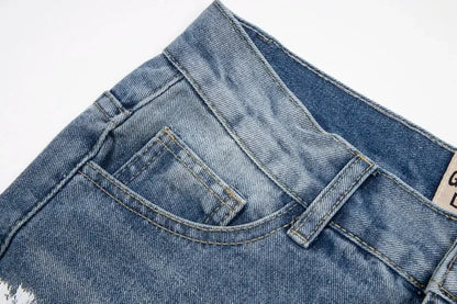 American retro washed letter spliced denim trousers high street trendy brand couple loose straight micro-flared long trousers