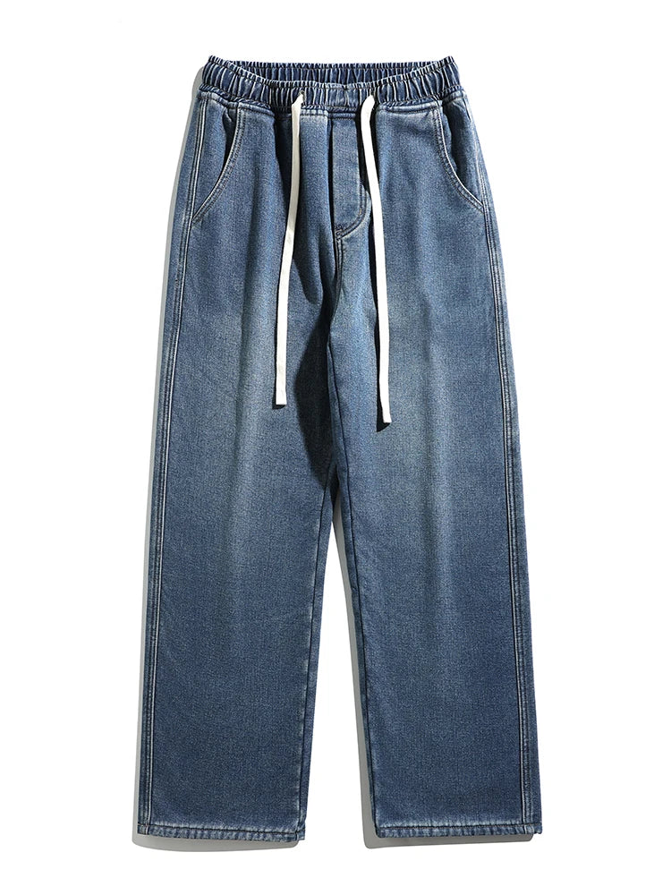 Calça Jeans Masculina de Inverno Coreana Forrada com Lã Grossa Quente Reta Denim Lavado Algodão Azul Retrô Larga Pantalona
