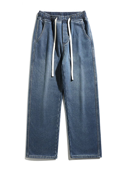 Calça Jeans Masculina de Inverno Coreana Forrada com Lã Grossa Quente Reta Denim Lavado Algodão Azul Retrô Larga Pantalona