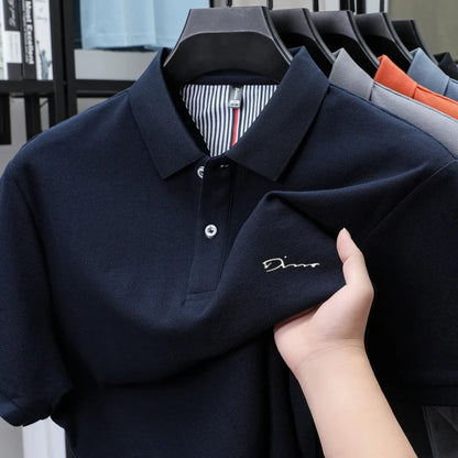 Brand 100%pure cotton short sleeve polo shirt men's new fashion letter embossed business casual solid color summer lapel T-shirt