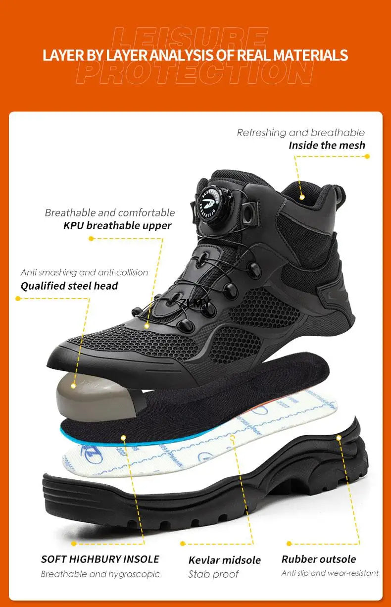 Construction Work Boots Men Steel Toe Safety Shoes Rotated Button Anti-smash Puncture Proof Sneakers Man High Top Security Boot