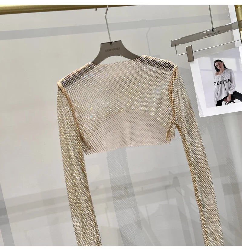 new sexy bright diamond short top Slim thin Ms. hot drill long-sleeved T-shirt sexy leak waist nightclub