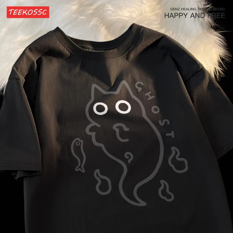 Ghost Cat Loose Short Sleeved T-shirt For Men Women Original Japanese Fashion Brand Couple Pure Cotton Cat Transparent Ghost Cat