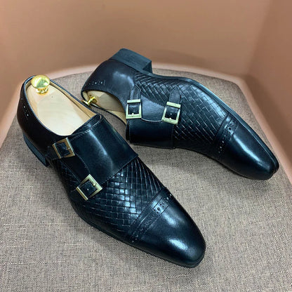 Classic Mens Dress Shoes Genuine Leather Double Buckle Monk Strap Cap Toe Blue Black Wedding Business Formal Suit Shoes for Men